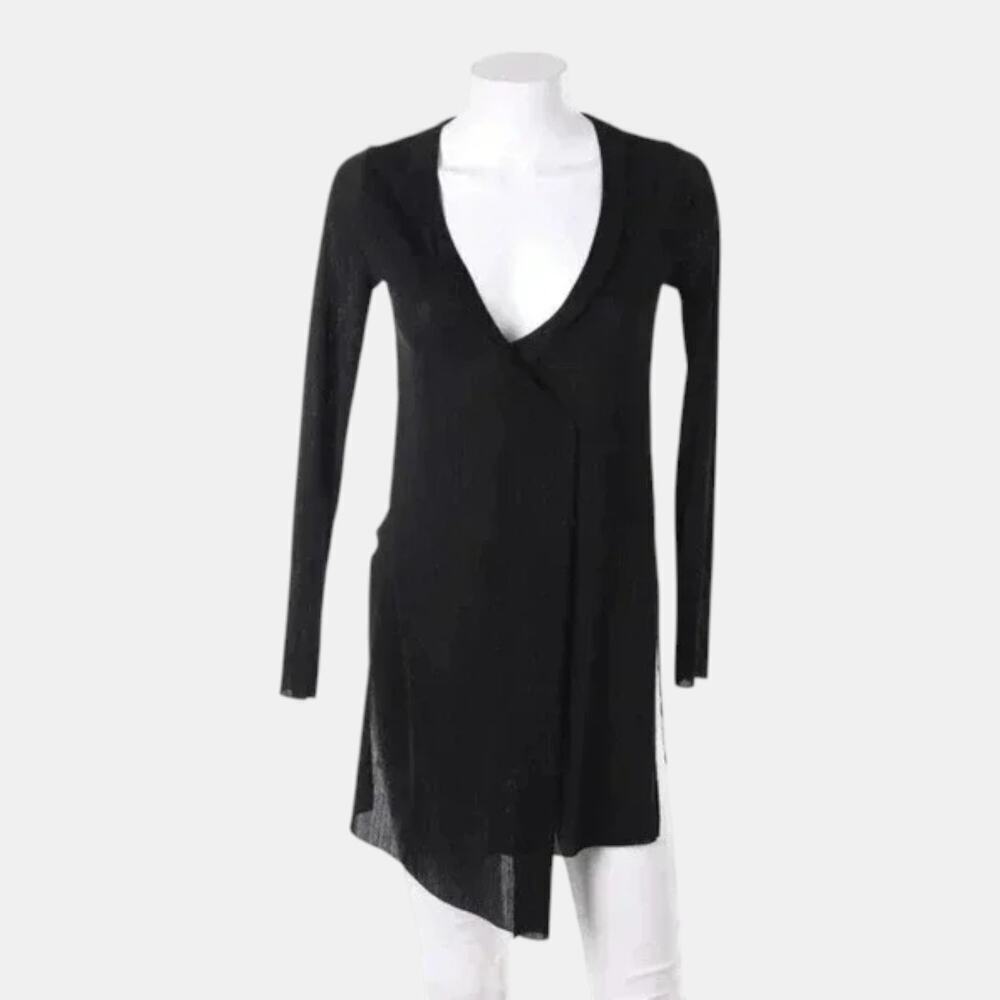 Zara Black Ribbed Long Sleeve Wrap Tunic Cardigan Top Size L Asymmetrical Hem
